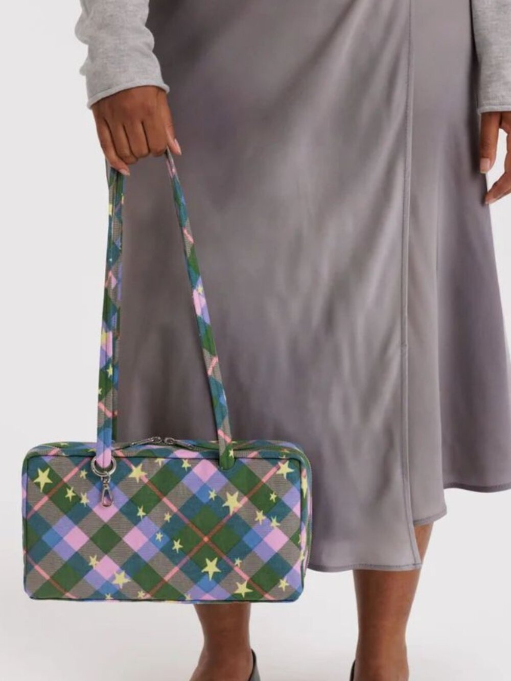 NWT Baggu Regular Nylon Bowler Bag - Green Star Plaid - Picture 8 of 11
